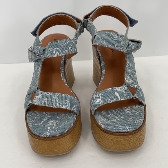 Lucky Brand Demmia wedge platform wood sandal shoe strappy printed denim new 8 - Picture 4 of 7